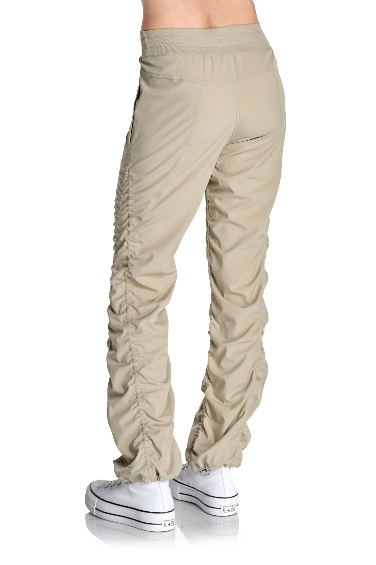 Women’s Warm Taupe Adventurous Pant, close-up of the gathered cuff and tapered hem.