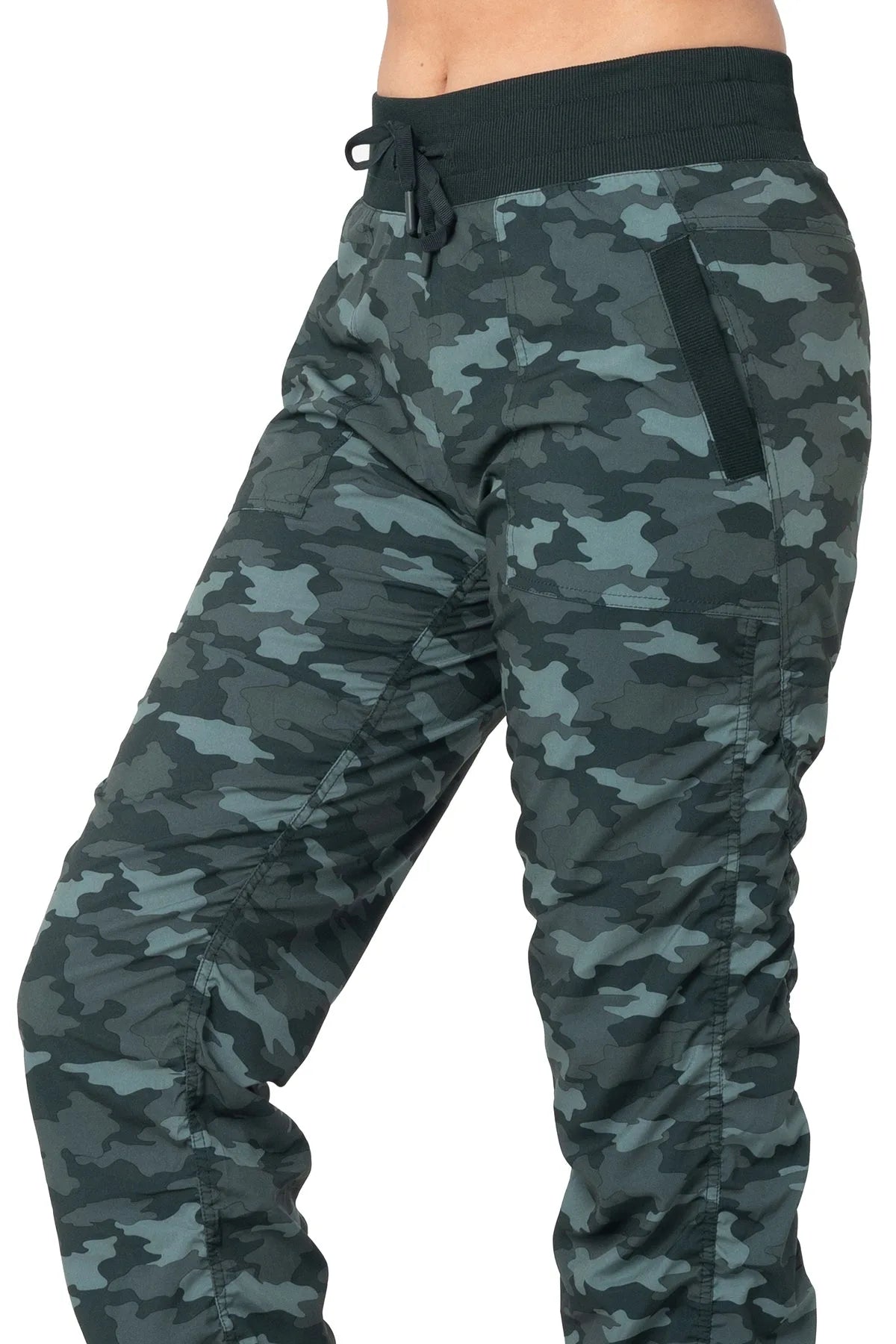 Women’s Black and green camouflage print Adventurous Pant, rear close-up showing the relaxed fit through the seat and gathered cuff.