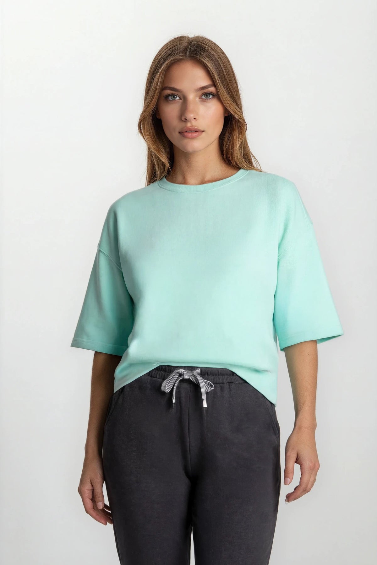Stretch Knit Crew Neck Short Sleeve Top