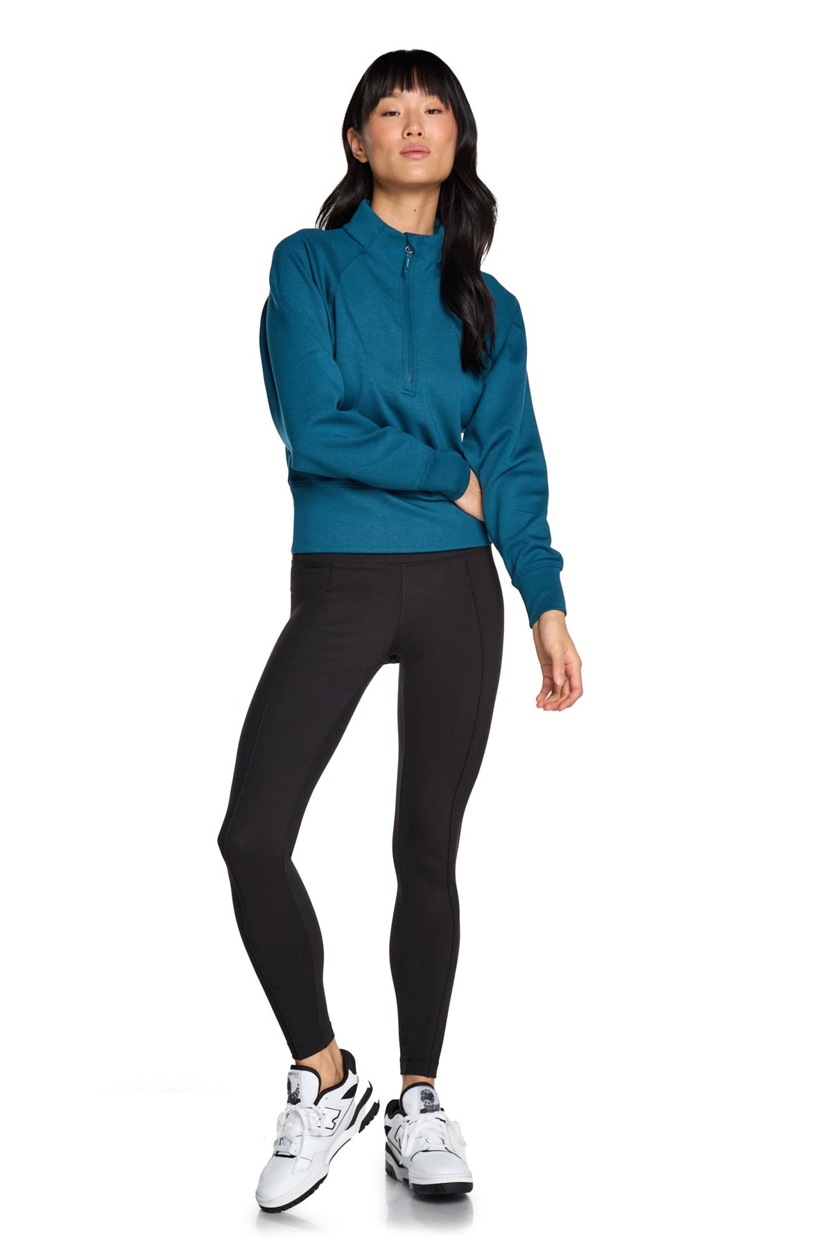 Haut à manches longues et demi-zip en tricot extensible à col montant