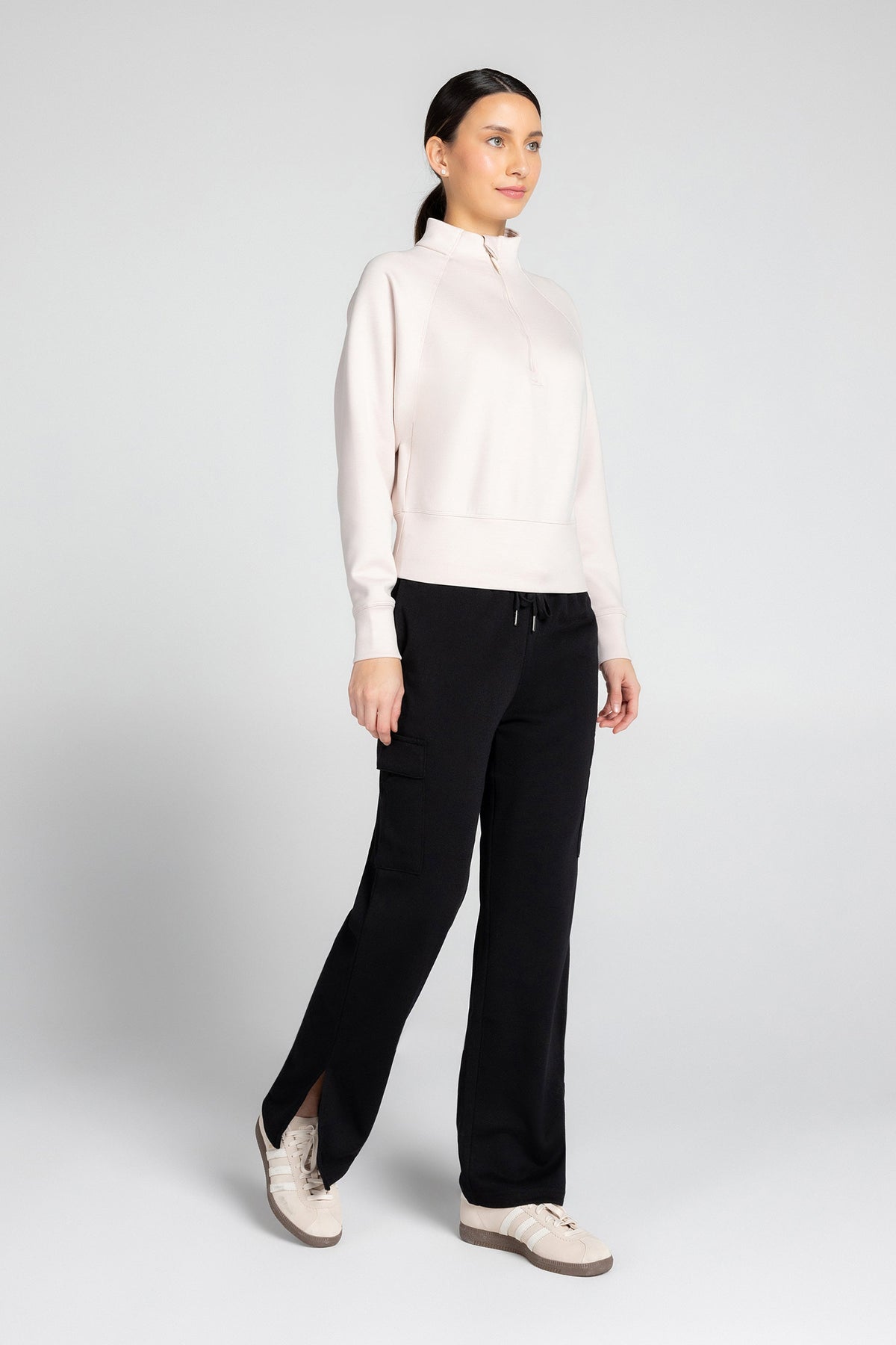 Haut à manches longues et demi-zip en tricot extensible à col montant