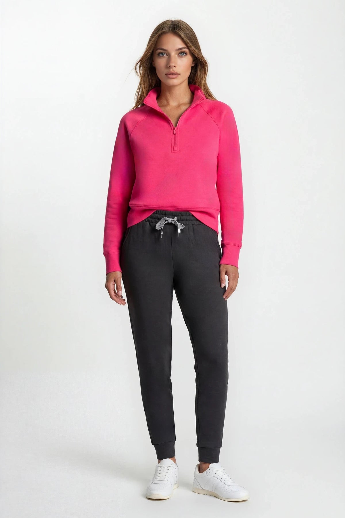 Stretch Knit Mock Neck Half-Zip Long Sleeve Top