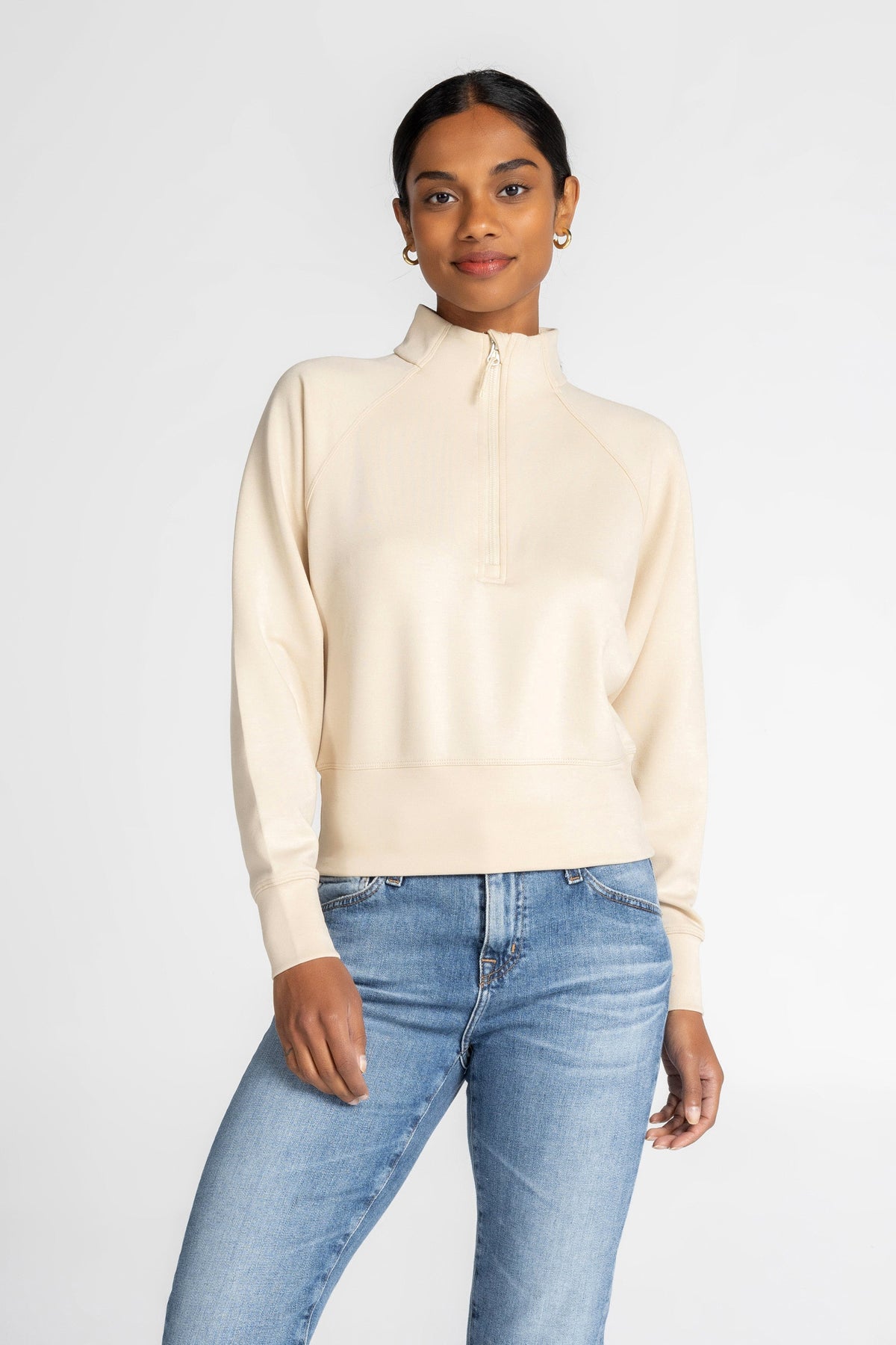 Haut à manches longues et demi-zip en tricot extensible à col montant