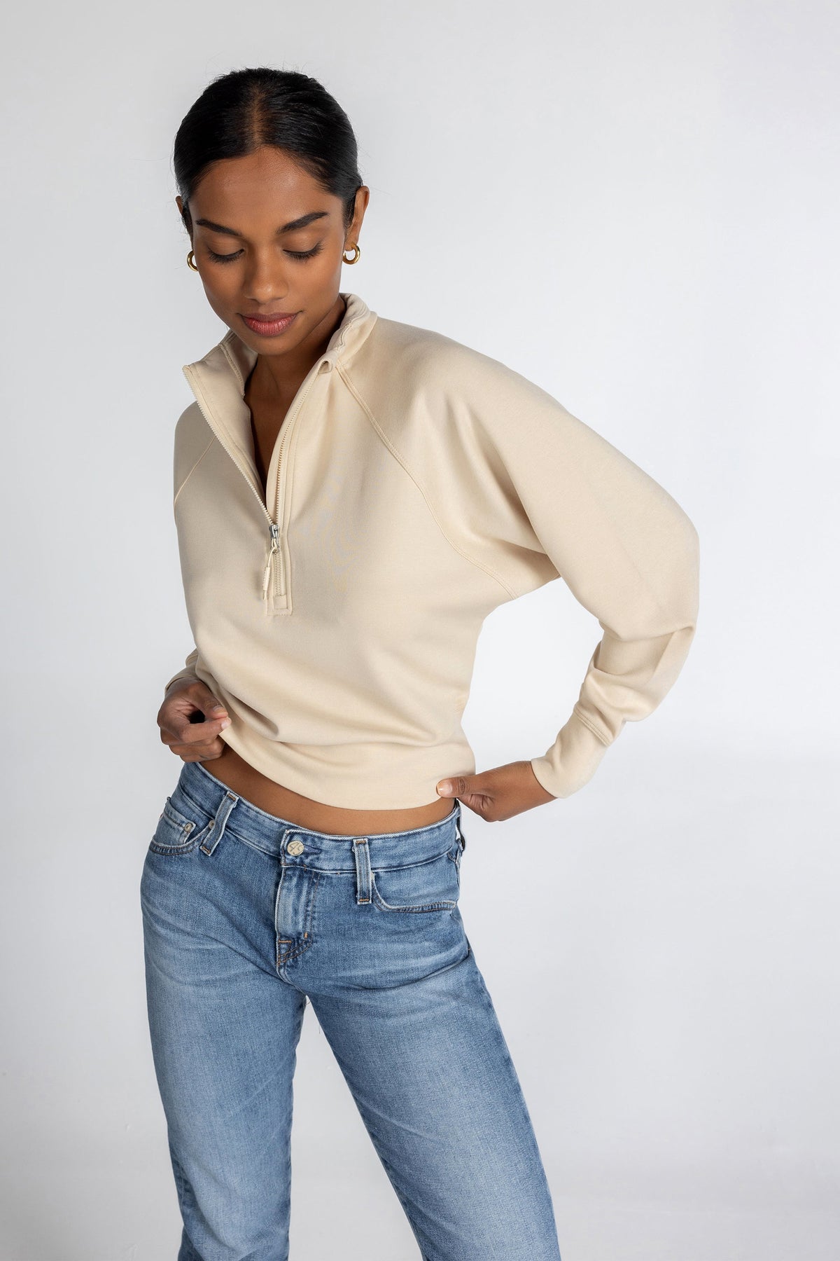 Haut à manches longues et demi-zip en tricot extensible à col montant