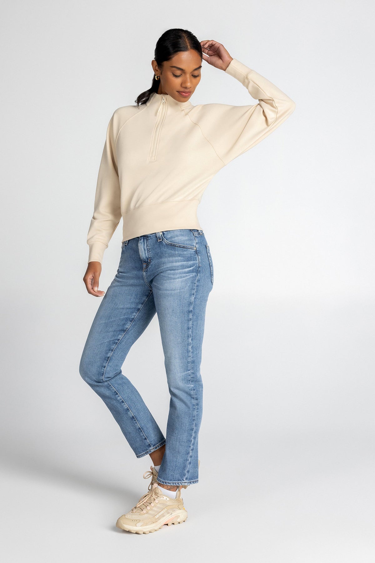 Haut à manches longues et demi-zip en tricot extensible à col montant