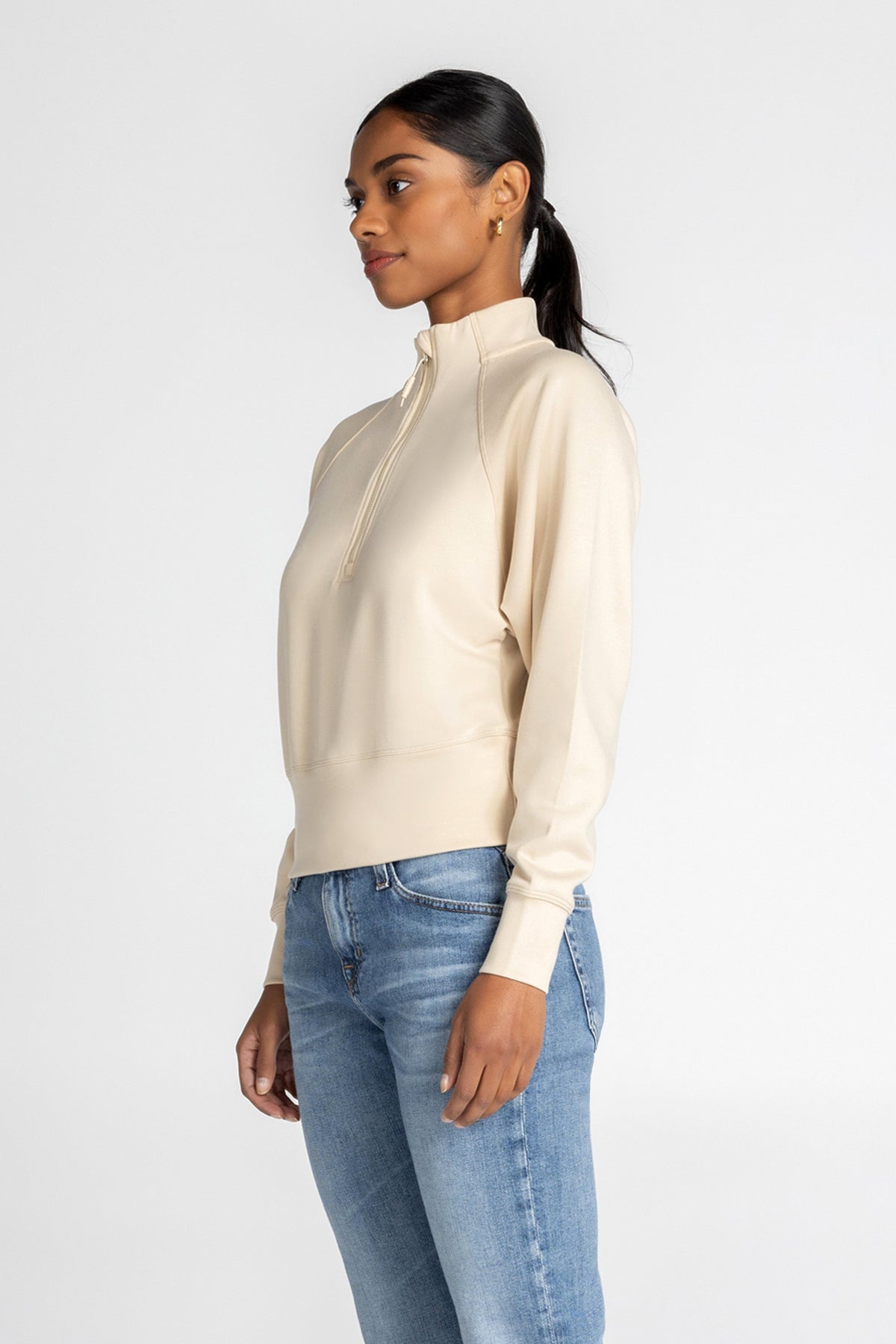 Haut à manches longues et demi-zip en tricot extensible à col montant